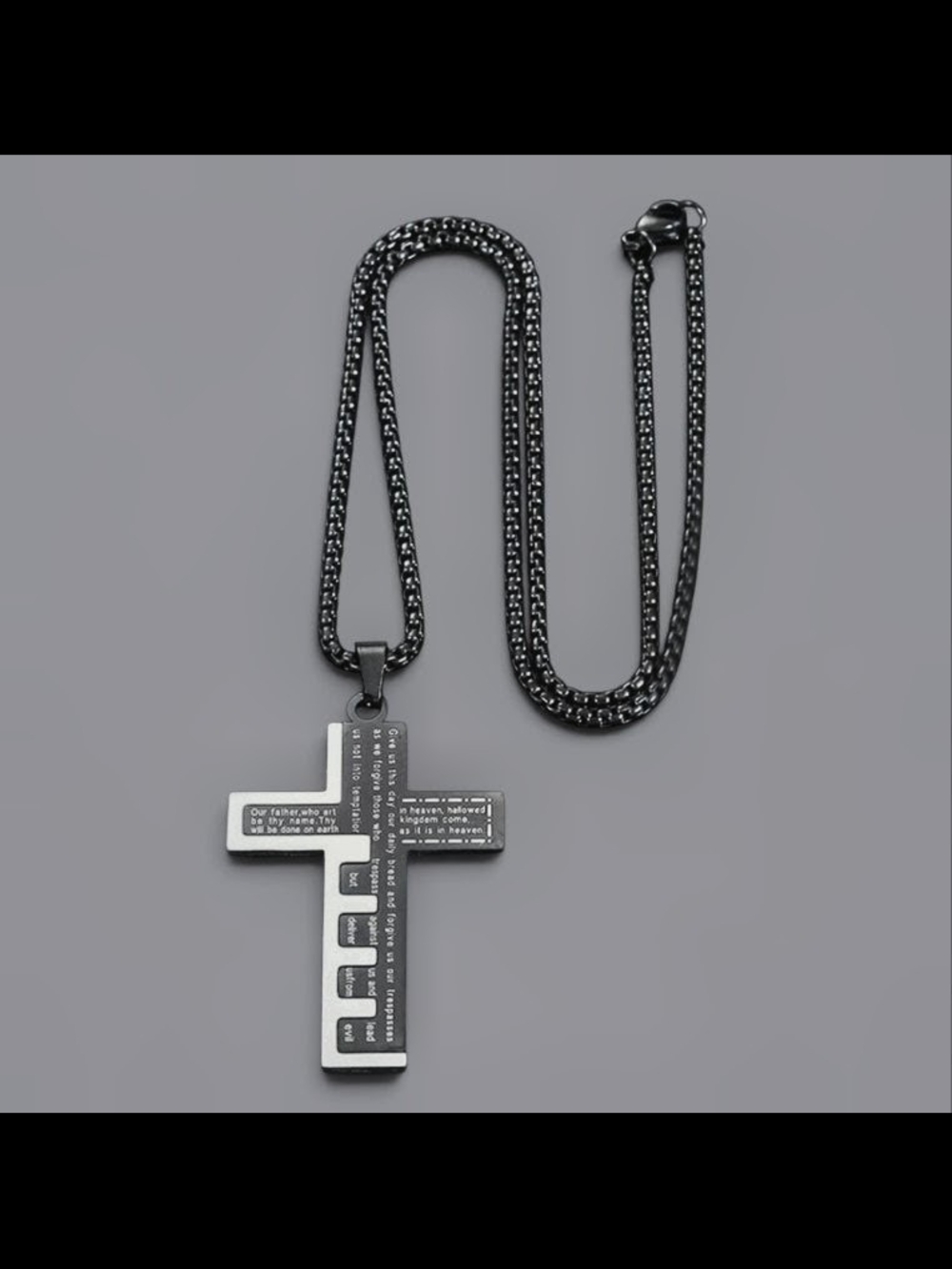 Engraved Cross Pendant Necklace - Black Stainless Steel